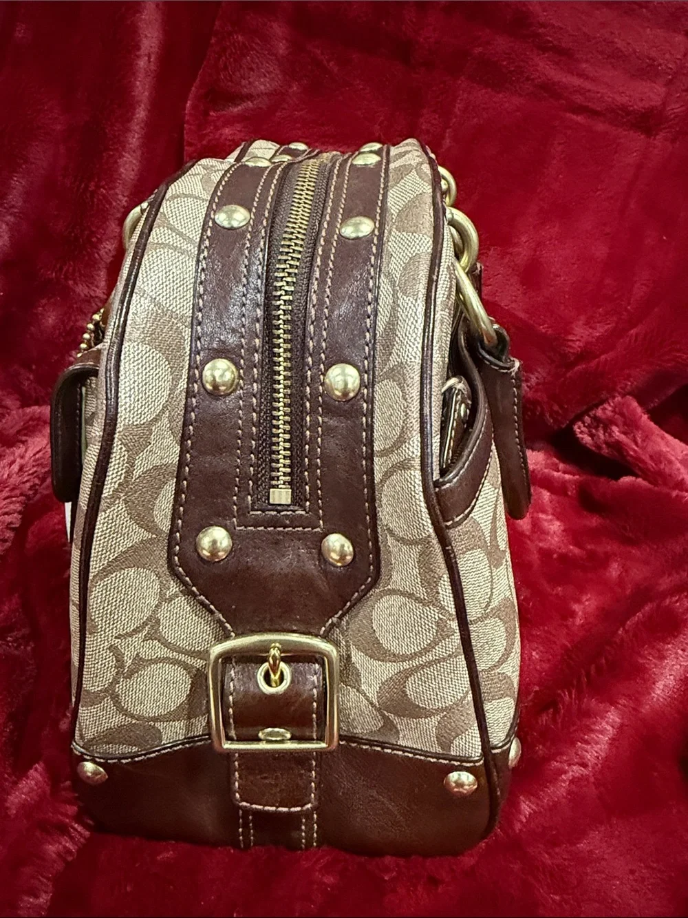 Vintage Coach Brown Signature Canvas Satchel w/White and Dark Brown Stripes